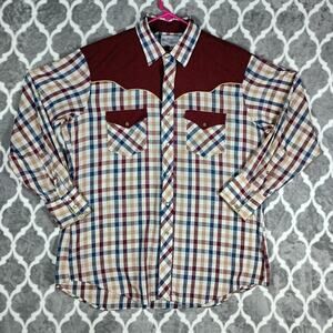 Kenny Rogers Karman Western Shirt Men Size 17 34 Maroon Plaid Pearl Snap